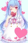  ;d ahoge amashiro_natsuki bad_id bad_pixiv_id blue_hair box chocolate chocolate_heart dress frilled_dress frills gift gift_box hair_ornament hairpin heart holding long_hair looking_at_viewer one_eye_closed open_mouth original pink_eyes puffy_sleeves smile solo twintails white_dress 