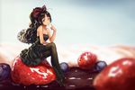  akiyama_mio black_eyes black_hair butterfly_wings crossed_arms dress food fruit high_heels k-on! listen!! long_hair oversized_object ponytail rakuhei sitting solo strawberry wings 