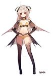  ahoge angry artist_name bad_id bad_pixiv_id blush bow brown_hair detached_sleeves flat_chest frown full_body hands_on_hips long_hair looking_at_viewer original puffy_sleeves red_eyes solo standing sukja thighhighs white_background 