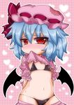  bat_wings bikini black_bikini blue_hair blush commentary embarrassed hat heart looking_at_viewer mob_cap mouth_hold navel noai_nioshi pink_background plaid plaid_background red_eyes remilia_scarlet shirt_lift short_hair sketch solo sweat swimsuit touhou undressing wings 