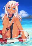  bad_id bad_pixiv_id barefoot blonde_hair blue_eyes crop_top feet flower hair_flower hair_ornament highres kantai_collection kyuuso_inukami lifebuoy long_hair one-piece_swimsuit open_mouth ro-500_(kantai_collection) sailor_collar school_swimsuit sitting soles swimsuit swimsuit_under_clothes tan tanline toes water 