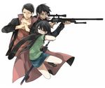  2boys black_hair carlos_(etsusa_oohashi) etsusa_oohashi gloves greatest_chang gun jacket_on_shoulders katana kuragesaki multiple_boys rifle short_hair sniper_rifle sunglasses sword weapon yukimura_nazuna 