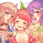  ahoge bikini blush breast_press breasts brown_hair candy cleavage closed_eyes food fruit hair_ornament hair_ribbon hairpin highres ice_cream ice_cream_cone large_breasts lollipop mei_(ohayou_girls) mouth_hold multiple_girls nail_polish ohayou_girls open_mouth orange_hair original popsicle purple_eyes purple_hair red_eyes ribbon sexually_suggestive sidelocks signature smile strawberry swimsuit tongue tongue_out 