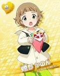  blush brown_eyes brown_hair card_(medium) character_name crepe food food_wrapper green_eyes himeno_kanon idolmaster idolmaster_side-m male_focus necktie official_art open_mouth solo vest 