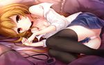  aisaka_taiga breasts brown_hair cleavage kero_(tomoki-tiger) long_hair looking_at_viewer lying off_shoulder open_clothes open_shirt panties red_eyes shirt skirt small_breasts solo thighhighs toradora! underwear uniform white_panties 