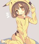  brown_hair cosplay gen_1_pokemon hair_ornament hairclip highres hood hoodie ikazuchi_(kantai_collection) kantai_collection minase_kaya open_mouth pikachu pikachu_(cosplay) pokemon pokemon_(creature) school_uniform serafuku short_hair solo 