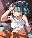  aqua_hair areola_slip areolae bangs bare_shoulders blush breasts brown_eyes dirty hair_ribbon jumpsuit kantai_collection large_breasts long_hair looking_at_viewer machinery mallet navel off_shoulder open_mouth panties ponytail ribbon shirt_lift solo tank_top tsuzuri_(tuzuri) underwear welding_mask white_panties yuubari_(kantai_collection) 