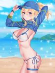  1girl adjusting_clothes adjusting_hat artoria_pendragon_(all) baseball_cap beach bikini blonde_hair blue_eyes blue_hat blue_jacket breasts cropped_jacket error_dot fate/grand_order fate_(series) from_side hair_between_eyes hat highres jacket large_breasts long_hair looking_at_viewer mysterious_heroine_xx_(foreigner) ponytail shrug_(clothing) side-tie_bikini solo swimsuit thigh_strap white_bikini wristband zipper zipper_pull_tab 