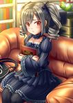  :t blush chiko_(kanhogo) drill_hair highres idolmaster idolmaster_cinderella_girls kanzaki_ranko long_hair pantyhose pout red_eyes silver_hair solo twin_drills twintails 