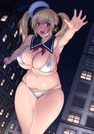  armpits belly bikini blonde_hair breasts city cosplay curvy ghostbusters giantess hat headphones highres huge_breasts navel nitroplus orange_eyes outstretched_hand parody plump school_uniform serafuku shiny shiny_clothes solo stay_puft stay_puft_(cosplay) super_pochaco suzume_inui sweat swimsuit thick_thighs thighs twintails 
