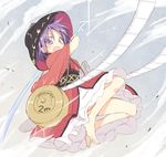  barefoot bowl bowl_hat dress fighting_stance frills hat holding_needle japanese_clothes kimono long_sleeves needle obi object_on_head open_mouth parody purple_eyes purple_hair red_dress sash satou_kibi shingeki_no_kyojin short_hair solo sparkle sukuna_shinmyoumaru tape_measure three-dimensional_maneuver_gear touhou wide_sleeves 