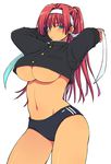  1girl blue_eyes blush breasts curvy eroe female hairband large_breasts long_hair looking_at_viewer navel ponytail red_hair solo standing underboob 