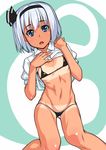  bikini bikini_tan black_hairband blue_eyes blush flat_chest h_kasei hairband konpaku_youmu micro_bikini midriff navel open_mouth shirt_lift short_hair silver_hair solo swimsuit tan tanline touhou 