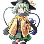  adapted_costume bad_id bad_pixiv_id bangs black_hat black_legwear blush breasts chocolate chocolate_heart collared_shirt commentary cowboy_shot eyeball floral_print green_eyes green_hair green_skirt grey_scarf hat hat_ribbon heart heart_of_string komeiji_koishi long_sleeves looking_at_viewer medium_breasts medium_hair object_hug oimo_(imoyoukan) ribbon scarf shirt simple_background skirt smile solo string thighhighs thighs third_eye touhou valentine white_background wide_sleeves yellow_ribbon yellow_shirt zettai_ryouiki 