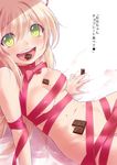  :d alphy animal_ears arm_support bed_sheet blonde_hair chocolate chocolate_bar food_in_mouth food_on_body green_eyes highres long_hair looking_at_viewer naked_ribbon navel nude open_mouth original ribbon smile solo translated valentine white_background 
