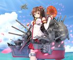  aircraft airplane biplane blue_sky brown_eyes brown_hair cloud cloudy_sky day detached_sleeves f1m gotou_hisashi headgear highres holding kantai_collection long_hair looking_at_viewer machinery petals pleated_skirt ponytail seaplane skirt sky smile solo turret umbrella wind yamato_(kantai_collection) 