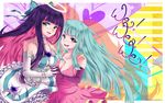  2girls blue_hair breasts cleavage crossover dress elbow_gloves female gloves green_eyes long_hair looking_at_viewer me!me!me! meme_(me!me!me!) multicolored_hair multiple_girls panty_&amp;_stocking_with_garterbelt purple_eyes ribbon shinaishadow skirt stocking_(psg) 