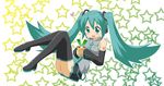  aqua_eyes aqua_hair detached_sleeves hatsune_miku headphones headset heart legs long_hair necktie pot skirt smile solo spring_onion takamaru_(minamimachi_seisakusho) thighhighs twintails vocaloid zettai_ryouiki 