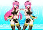  ahoge black_panties blue_eyes kondoru long_hair megurine_luka navel panties pink_hair pink_panties short_hair symmetrical_hand_pose thighhighs underwear vocaloid 