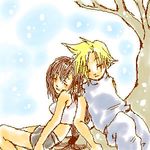  back-to-back cloud_strife cloud_tifa eyes_closed final_fantasy final_fantasy_vii lowres sleeping snow tifa_lockhart tifa_lockheart under_tree 