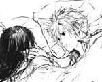  bed cloud_strife cloud_tifa final_fantasy final_fantasy_vii greyscale hand_on_another's_face lowres monochrome tifa_lockhart tifa_lockheart 