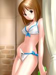  bikini bob_cut brown_eyes brown_hair cellphone curtains front-tie_top hagiwara_yukiho idolmaster idolmaster_(classic) navel non-web_source phone ponnetsu short_hair side-tie_bikini solo swimsuit 