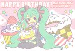  aqua_hair birthday cake candy checkerboard_cookie cookie cupcake detached_sleeves doughnut food hair_ribbon hatsune_miku long_hair necktie pastry ribbon shio_(orange_lounge) skirt smile solo star thighhighs twintails very_long_hair vocaloid 