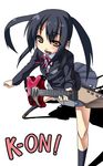  black_hair blazer brown_eyes gaien guitar instrument jacket k-on! nakano_azusa neck_ribbon plectrum red_ribbon ribbon school_uniform skirt smile solo twintails 