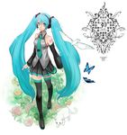  aqua_eyes aqua_hair bird bug butterfly cat detached_sleeves hatsune_miku headphones insect legs long_hair necktie oyuyamio skirt solo thighhighs twintails very_long_hair vocaloid zettai_ryouiki 