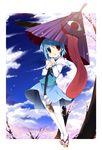  :p blue_eyes blue_hair cherry_blossoms cloud geta heterochromia karakasa_obake purple_umbrella red_eyes revision rfa sky solo tatara_kogasa thighhighs tongue tongue_out touhou tree umbrella white_legwear 