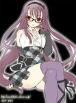  artist_name cross crossed_legs elbow_gloves fingerless_gloves glasses gloves hairband hand_on_own_chest jewelry kamiya_maneki long_hair original pendant purple_hair purple_legwear red_eyes simple_background sitting sketch solo thighhighs watermark web_address 