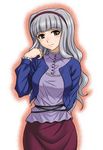  blush brown_eyes casual grey_hair hairband hida_tatsuo idolmaster idolmaster_(classic) long_hair purple_hairband shijou_takane smile solo 