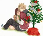  1boy 1girl alternate_hair_color artist_request blonde_hair blue_eyes brown_eyes brown_hair christmas christmas_tree cloud_strife cloud_tifa couple final_fantasy final_fantasy_vii from_behind tifa_lockhart tifa_lockheart 