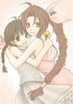  2girls aerith_gainsborough black_eyes black_hair bow brown_hair final_fantasy final_fantasy_vii hair_bow hug long_hair lowres marlene_wallace multiple_girls ponytail 