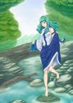  bad_id bad_pixiv_id barefoot blue_eyes detached_sleeves frog gomi green_hair hair_ornament kochiya_sanae long_hair snake solo touhou 