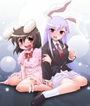  animal_ears bad_id bad_pixiv_id barefoot blazer blush brown_hair bunny_ears fuurisuto highres inaba_tewi jacket long_hair multiple_girls purple_hair red_eyes reisen_udongein_inaba short_hair touhou 