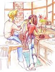  cloud_strife cloud_tifa cooking final_fantasy final_fantasy_vii food from_behind hand_holding kitchen pot rug tifa_lockhart tifa_lockheart window 