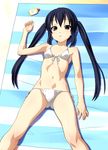  beach bikini blue_hair blush brown_eyes day flat_chest highres k-on! long_hair lying nakano_azusa norizou_type-r side-tie_bikini solo sunbathing swimsuit twintails 