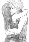  cloud_strife couple final_fantasy final_fantasy_vii greyscale hug kiss lowres monochrome sketch tifa_lockhart tifa_lockheart 