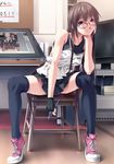  bad_id bad_pixiv_id bare_shoulders brown_eyes brown_hair chin_rest drawing_tablet fingerless_gloves glasses gloves hands highres legs long_legs original painttool_sai recursion rezi shoes sitting sneakers solo thighhighs wacom zettai_ryouiki 