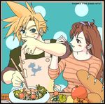  alternate_hairstyle apple apron baguette blush bread breasts chopsticks cloud_strife cloud_tifa cooking couple final_fantasy final_fantasy_vii food fruit large_breasts lowres salad tifa_lockhart tifa_lockheart 