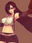  belt breasts brown_hair final_fantasy final_fantasy_vii impossible_clothes impossible_clothing impossible_shirt long_hair miniskirt simple_background skirt suspenders tifa tifa_lockhart tifa_lockheart 