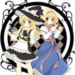  :o alice_margatroid apron blonde_hair bloomers blue_eyes braid capelet grin hairband hanabana_tsubomi hat heart kirisame_marisa long_hair magic multiple_girls short_hair side_braid smile star touhou underwear waist_apron witch_hat yellow_eyes 