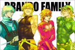  blonde_hair blue_eyes braid chest column_lineup cz474 dagger diego_brando dio_brando dual_persona giorno_giovanna green_shirt heart jojo_no_kimyou_na_bouken male_focus multiple_boys red_eyes shirt skin_tight steel_ball_run sweater weapon 