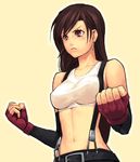  belt brown_hair earrings final_fantasy final_fantasy_vii fingerless_gloves gloves jewelry long_hair midriff red_eyes solo suspenders tifa tifa_lockhart tifa_lockheart 