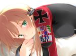  anchor_hair_ornament asoka blonde_hair blush flag green_eyes hair_ornament kantai_collection looking_at_viewer low_twintails lying on_stomach pillow pillow_hug prinz_eugen_(kantai_collection) solo twintails upper_body 