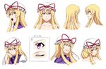  absurdres bare_shoulders blonde_hair blush character_sheet chart collarbone crazy_eyes crazy_grin crazy_smile d: dress expressionless expressions grin hat head_rest highres kyoukyan lipstick long_hair looking_at_viewer makeup mob_cap no_hat no_headwear open_mouth purple_eyes shy smile tabard touhou tsurime yakumo_yukari 