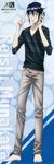  absurdres barefoot cellphone eyewear_removed full_body glasses highres holding holding_eyewear huge_filesize k_(anime) male_focus munakata_reishi pants phone purple_eyes solo 