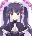  absolute_duo black_dress black_hair bow dress hair_bow headdress purple_eyes rose sakuya_tsukumo solo twintails 