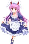  :d alternate_costume animal_ears apron bunny_ears collarbone curtsey dress e.o. enmaided high_heels highres long_hair looking_at_viewer maid maid_apron maid_headdress open_mouth purple_hair red_eyes reisen_udongein_inaba smile solo teeth touhou wrist_cuffs 